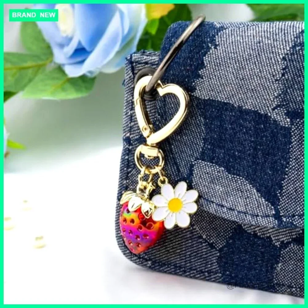 Steel Strawberry Bag Charm Keychain with Glitter Cherries for Purse